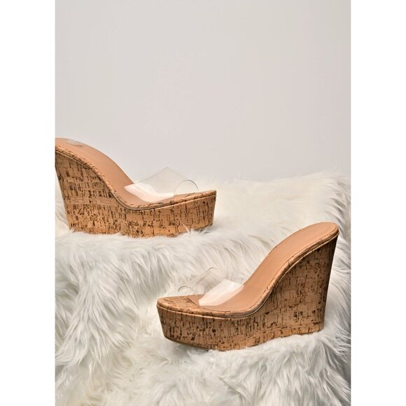 NWT Womens Sassy Beige Slip On Wedges Sandals Clear Workwear Vacay Office Chic - Picture 4 of 4